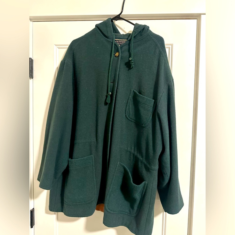 Vintage Abercrombie Fitch Wool Hooded Lined Button Up Fitted Pea Coat Drawstring